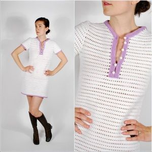 1960's Birkin Crochet Dress - 60's Mini Dress - White Sweater Dress - XS Small